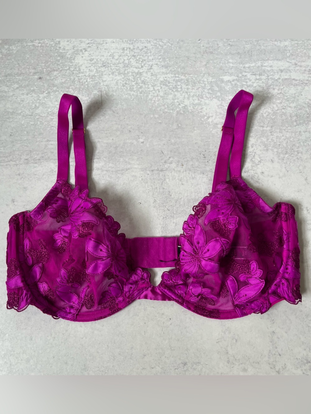 Victoria's Secret Low-Cut Demi Bra 36DD Magenta Purple Floral Mesh Semi-Sheer